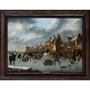 Paysage d'Hiver Avec Personnages Sur Un Canal Hollandais Gelé, Signé Et Daté 1660 Heeremans