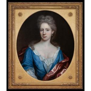 Portrait De Dame En Robe Bleue, Manteau Rouge, Huile Sur Toile, Vers 1695 ; Thomas Murray