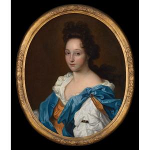 Portrait d'Une Dame En Chemise Blanche, Soies Rousses Et Bleues Vers 1695, Huile Sur Toile