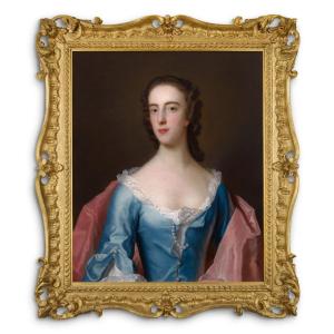 Portrait d'Une Dame, Dorothy Wood C.1750, Peinture à l'Huile, Cadre Doré Finement Sculpté