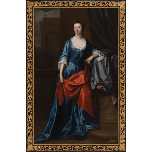 Portrait Of A Lady Standing On A Porch, Full Length, Aristocratic Provenance, Oil Painting