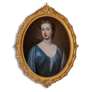 Portrait d'Une Jeune Femme En Robe De Soie Bleue Vers 1720, Cadre élaboré, Peinture à l'Huile