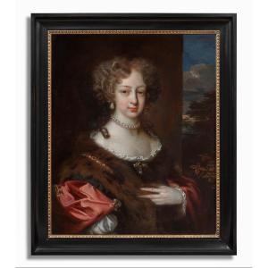 Beau Portrait De Dame En Robe De Soie Rouge Avec étole De Fourrure, Vers 1675, Huile Sur Toile