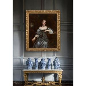 Portrait Frances, Lady Whitmore, 17e Siècle, Beau Cadre Doré Sculpté, Huile Sur Toile