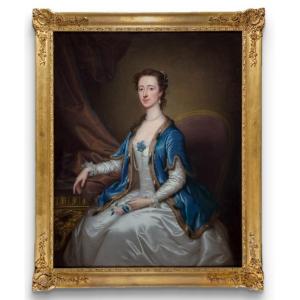 Portrait d'Une Dame, Mme Acton, En Robe Blanche Et Cape Bleue Vers 1740, Signé Thomas Bardwell