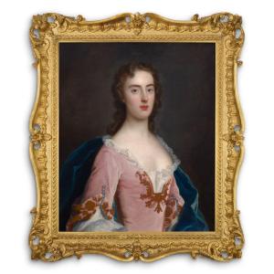 Portrait d'Une Dame, Jane Wood Vers 1750, Huile Sur Toile, Cadre Finement Sculpté Et Doré