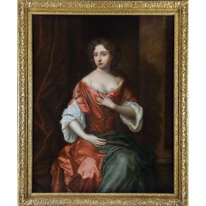 Portrait Of A Lady On A Porch, In A Red Silk Dress C.1680 Oil Painting On Canvas, Provenance