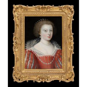 Portrait Of A Lady With Scarlet Dress, Lace Collar, And Pearl Jewellery C.1620 By Claude Deruet