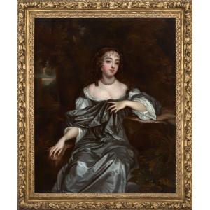 Portrait d'Une Dame Dans Un Bois, XVIIe Siècle, Peter Lely, Beau Cadre Sculpté Et Doré