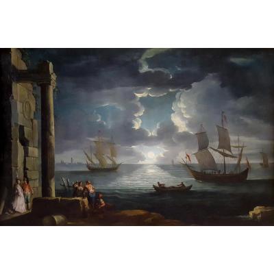 A Mediteranean Moonlit Bay, Italy 18th Century; Studio Of Leonardo Coccorante (1680–1750)