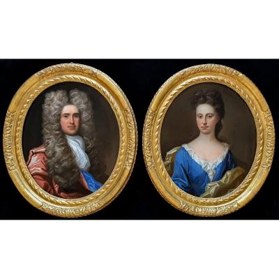 Deux (2) Portraits d'Un Homme Et d'Une Dame Vers 1690, Peinture à l'Huile Ancienne