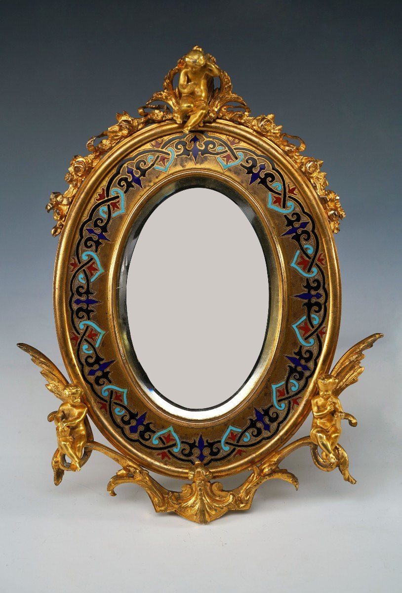 Miroir En Bronze Doré Et Email Champlevé Attr. à Giroux, France, C. 1880