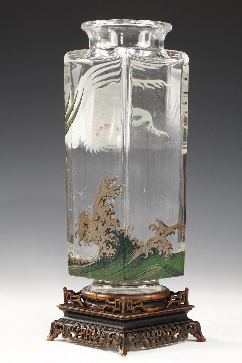 Paire De Vases En Cristal Aux Oiseaux De Paradis Attr. à Baccarat, France, Circa 1880-photo-1