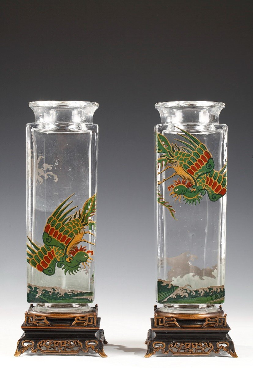 Paire De Vases En Cristal Aux Oiseaux De Paradis Attr. à Baccarat, France, Circa 1880