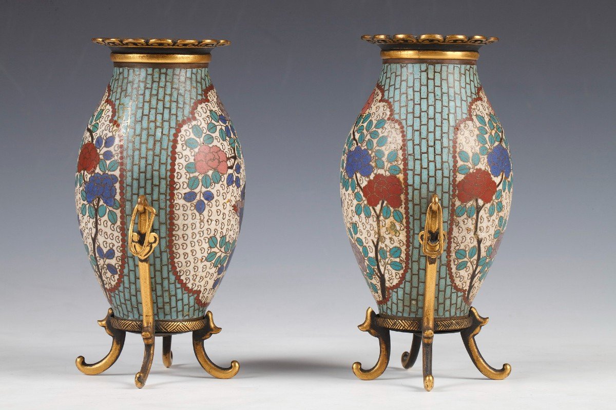 Pair Of Small Cloisonne Enamel Vases By F. Barbedienne, France, Circa 1880-photo-4