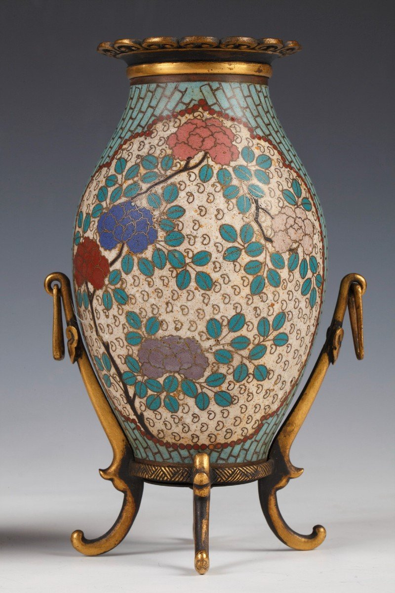 Pair Of Small Cloisonne Enamel Vases By F. Barbedienne, France, Circa 1880-photo-2