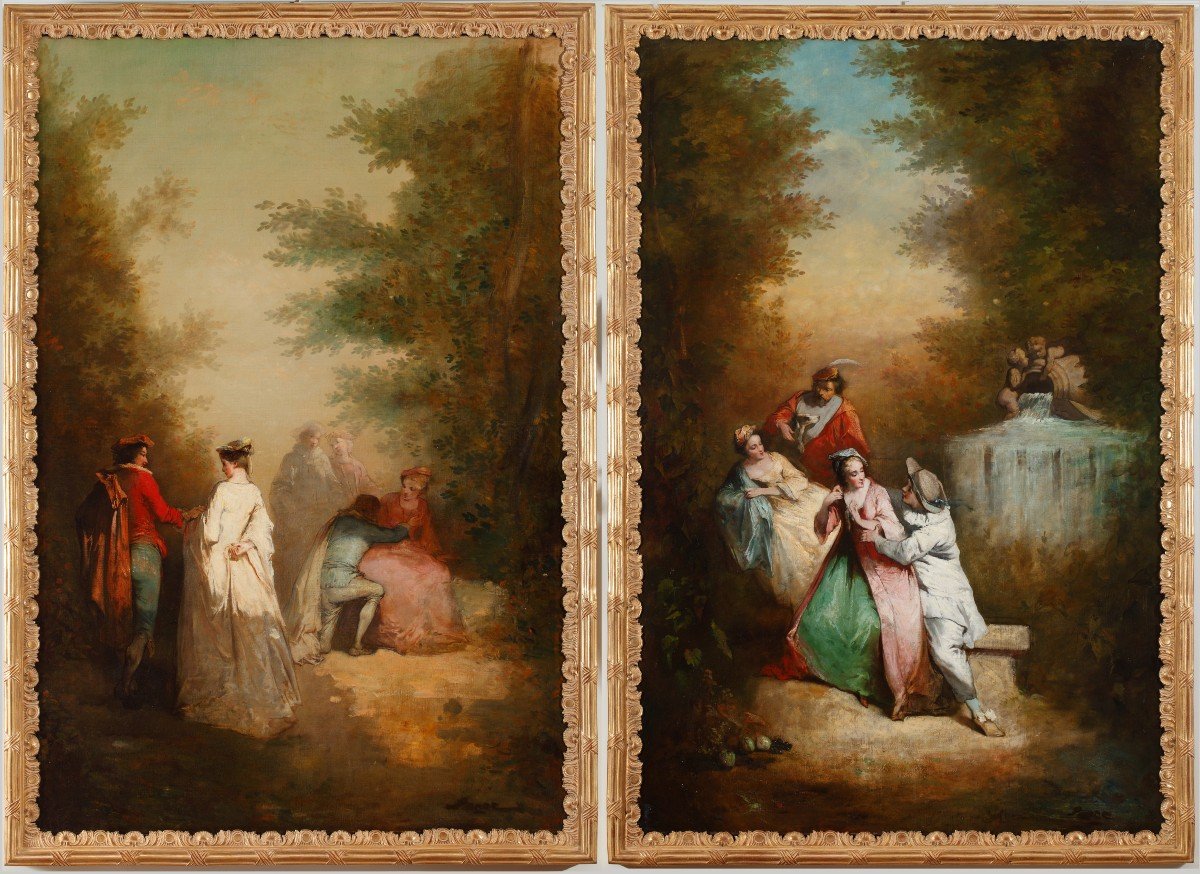 Paire de Tableaux “L'Amour Courtois” et “L’Amour Volage”, Ecole Française, Fin XIXe Siècle