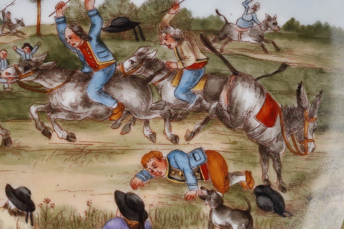 “the Donkey Race” , Signed F. Merigot, Limoges Manufacture, France, Circa 1860-photo-4