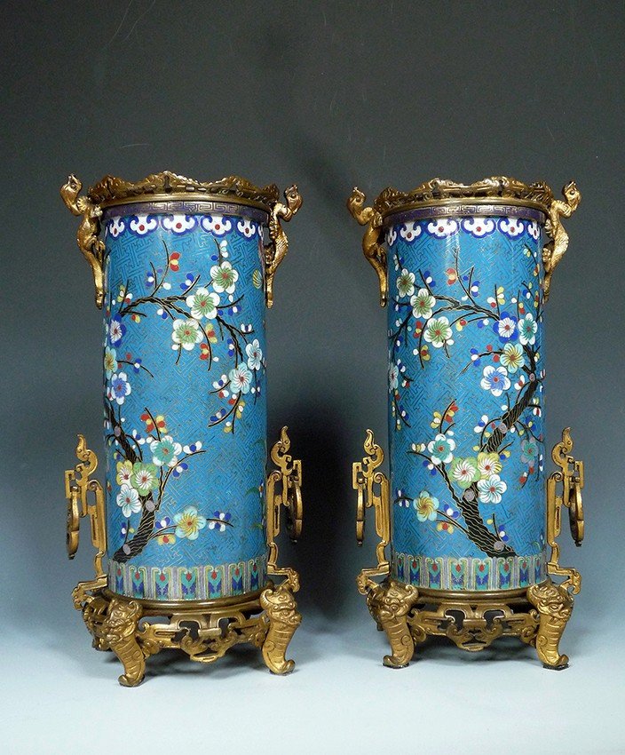 Pair Of "cloisonné" Enamel Bronze Vases, Attr. To l'Escalier De Cristal, France, Circa 1870-photo-2