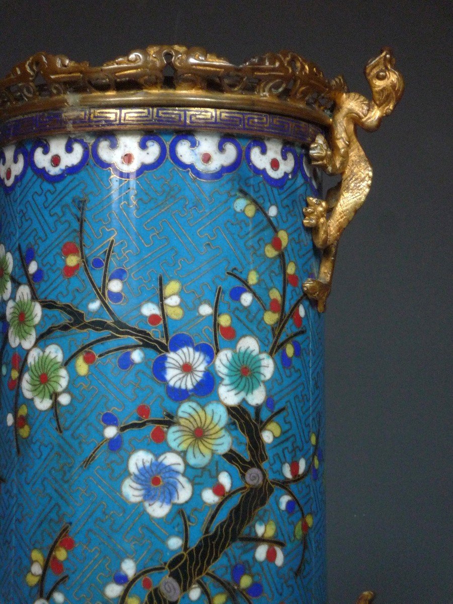 Pair Of "cloisonné" Enamel Bronze Vases, Attr. To l'Escalier De Cristal, France, Circa 1870-photo-4