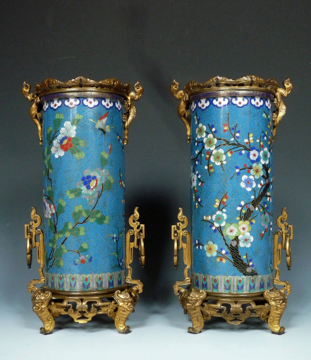 Pair Of "cloisonné" Enamel Bronze Vases, Attr. To l'Escalier De Cristal, France, Circa 1870