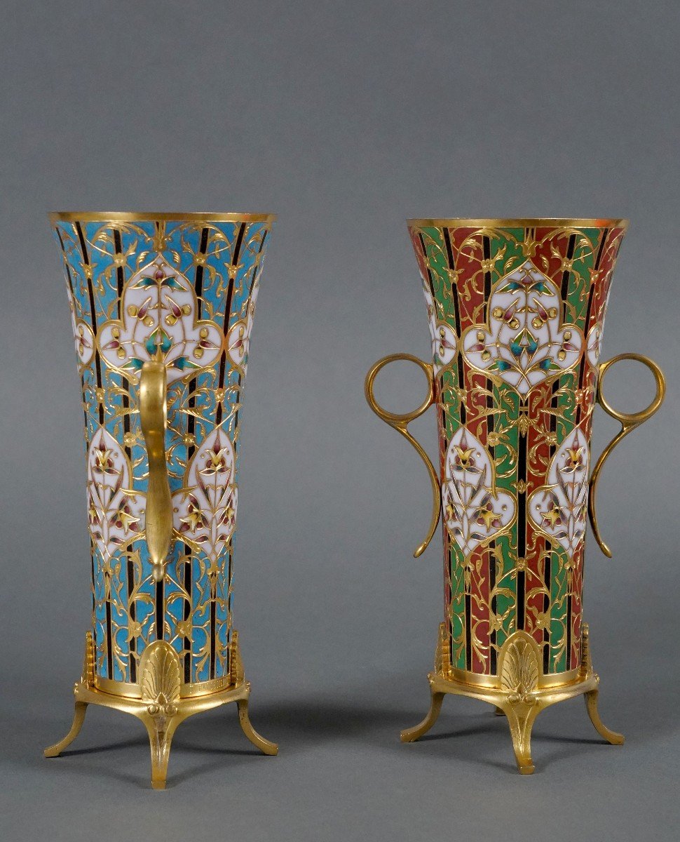 Paire De Vases Cornets à Décor Byzantin, L.C. Sevin & F. Barbedienne, France, Circa 1880-photo-3