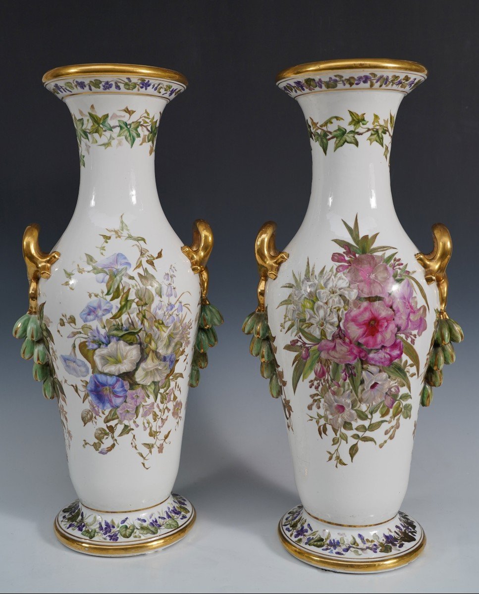 Pair Of Florals Vases Porcelaine De Paris, France, Circa 1880-photo-2