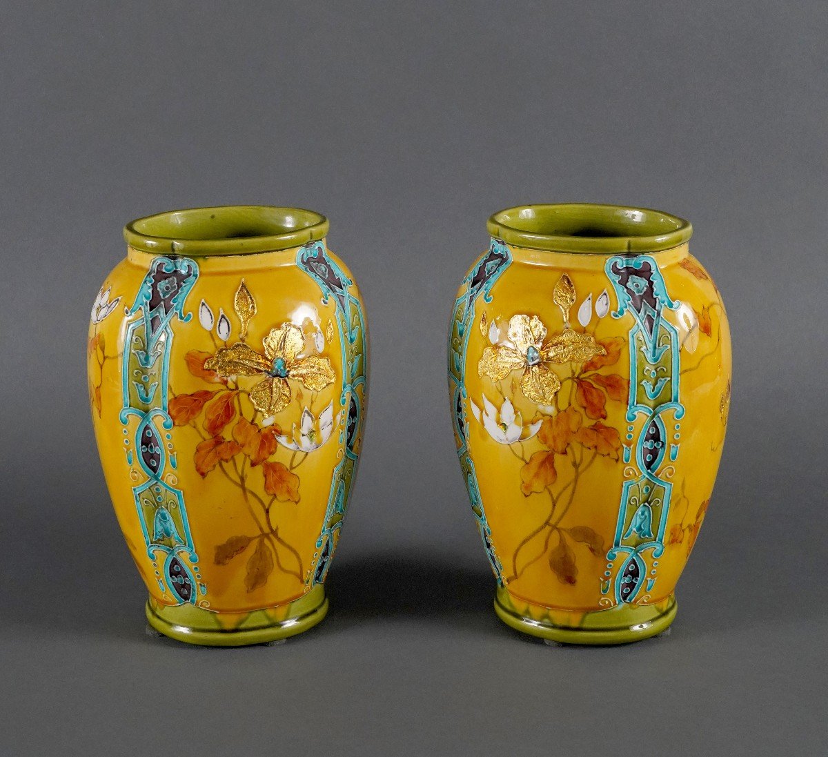 Pair Of Vases With Bouquets, Gien Manufacture, France, Circa 1880-photo-2