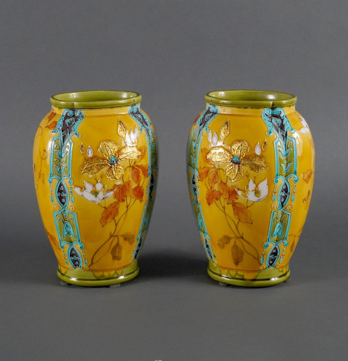 Pair Of Vases With Bouquets, Gien Manufacture, France, Circa 1880-photo-3