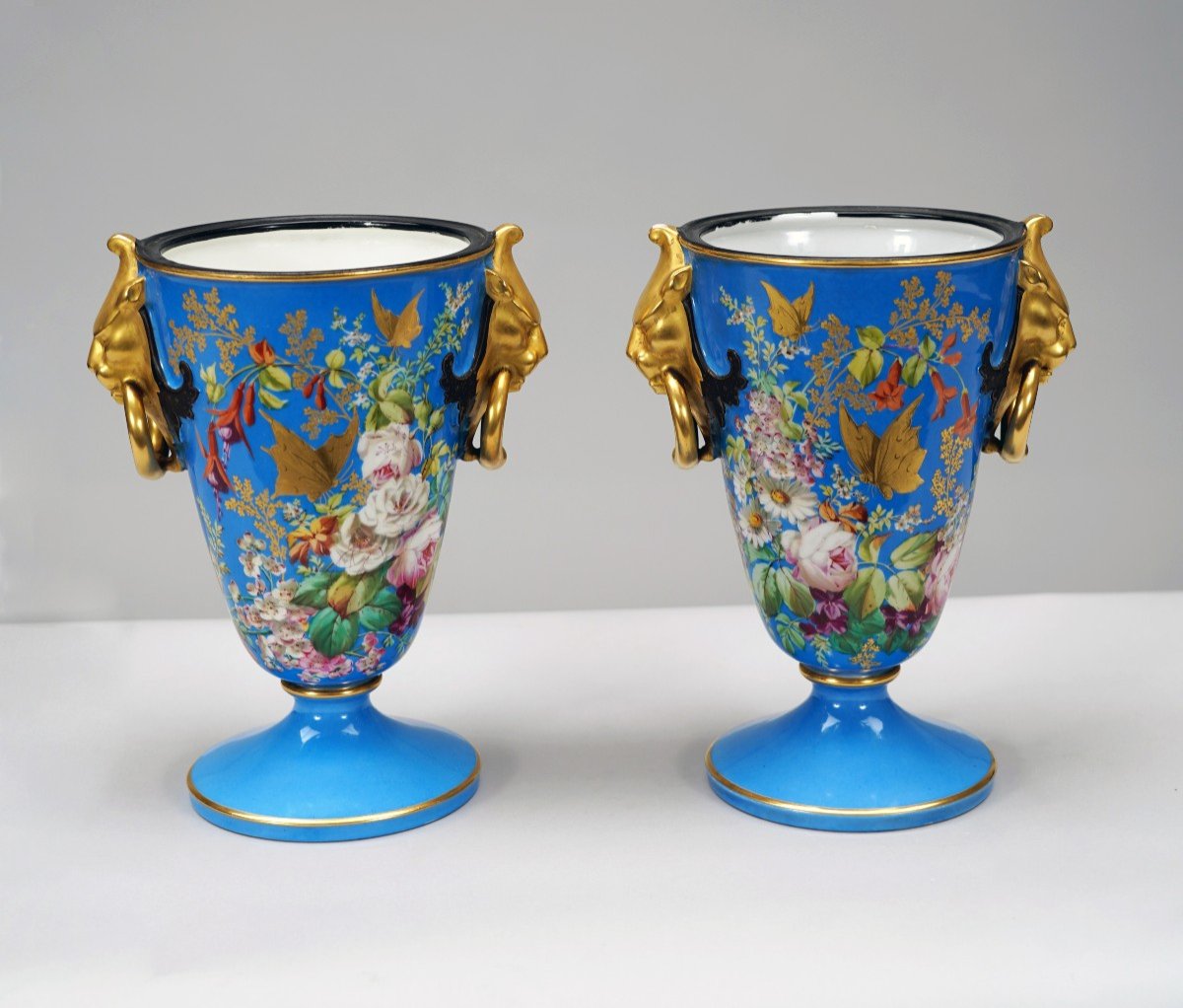 Paris Porcelain Pair Of Vases With Bouquets Of Flowers, France, Circa 1880