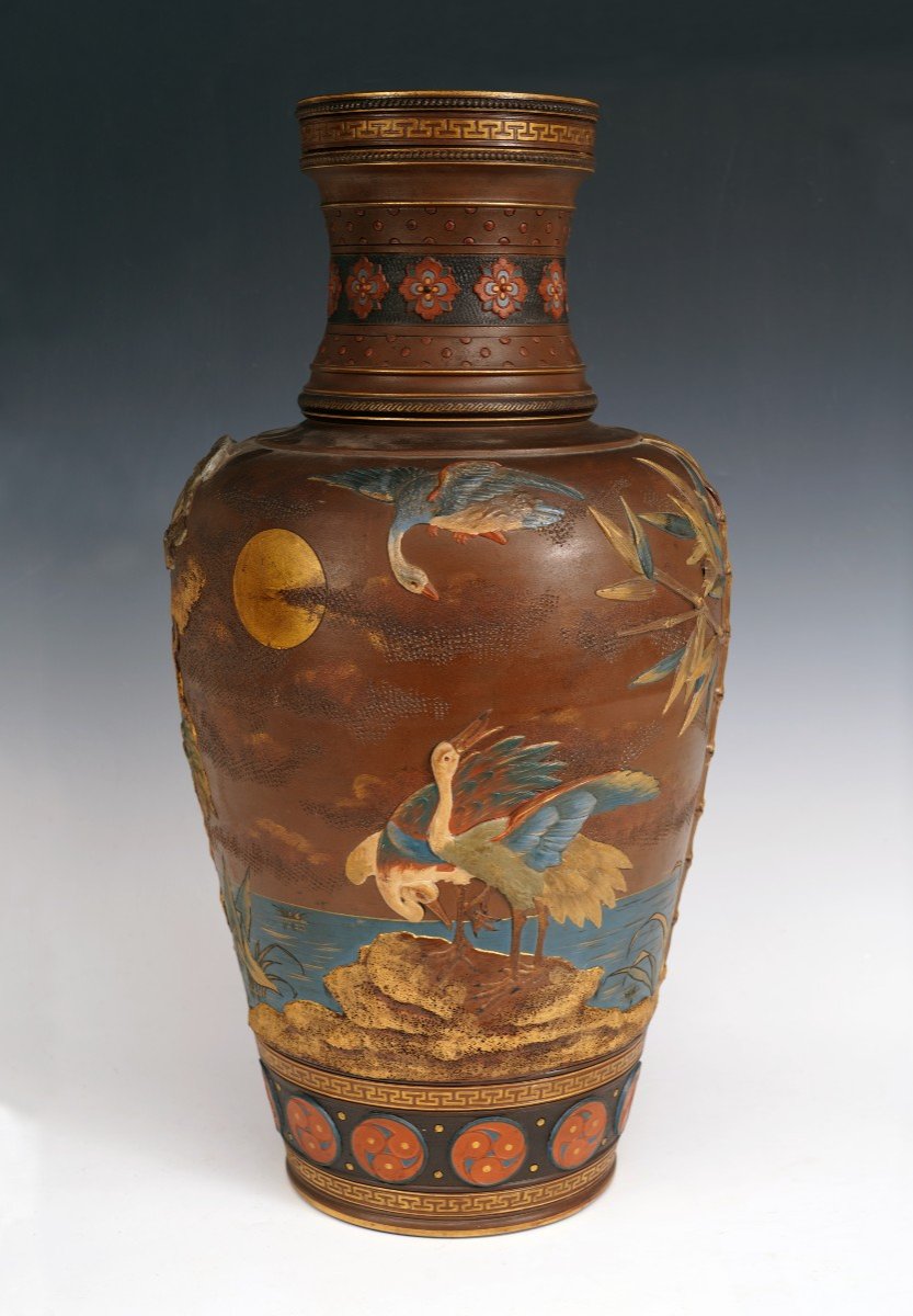 Vase With Cranes By Villeroy & Boch, Mettlach (germany), Circa 1900