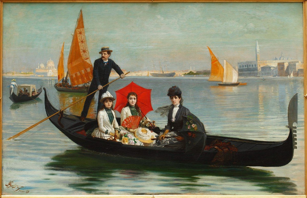 "Promenade à Venise" signé G. Mantegazza, Milan, 1889-photo-2