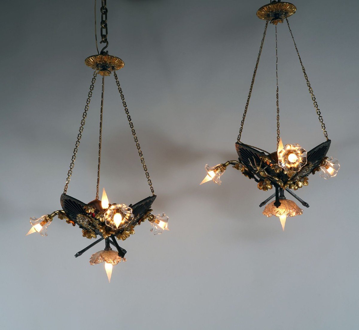 Pair Of "japonisme" Chandeliers By E. Soleau, France, Circa 1900-photo-2