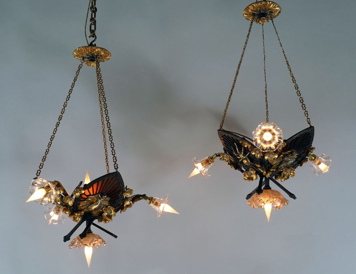 Pair Of "japonisme" Chandeliers By E. Soleau, France, Circa 1900-photo-3