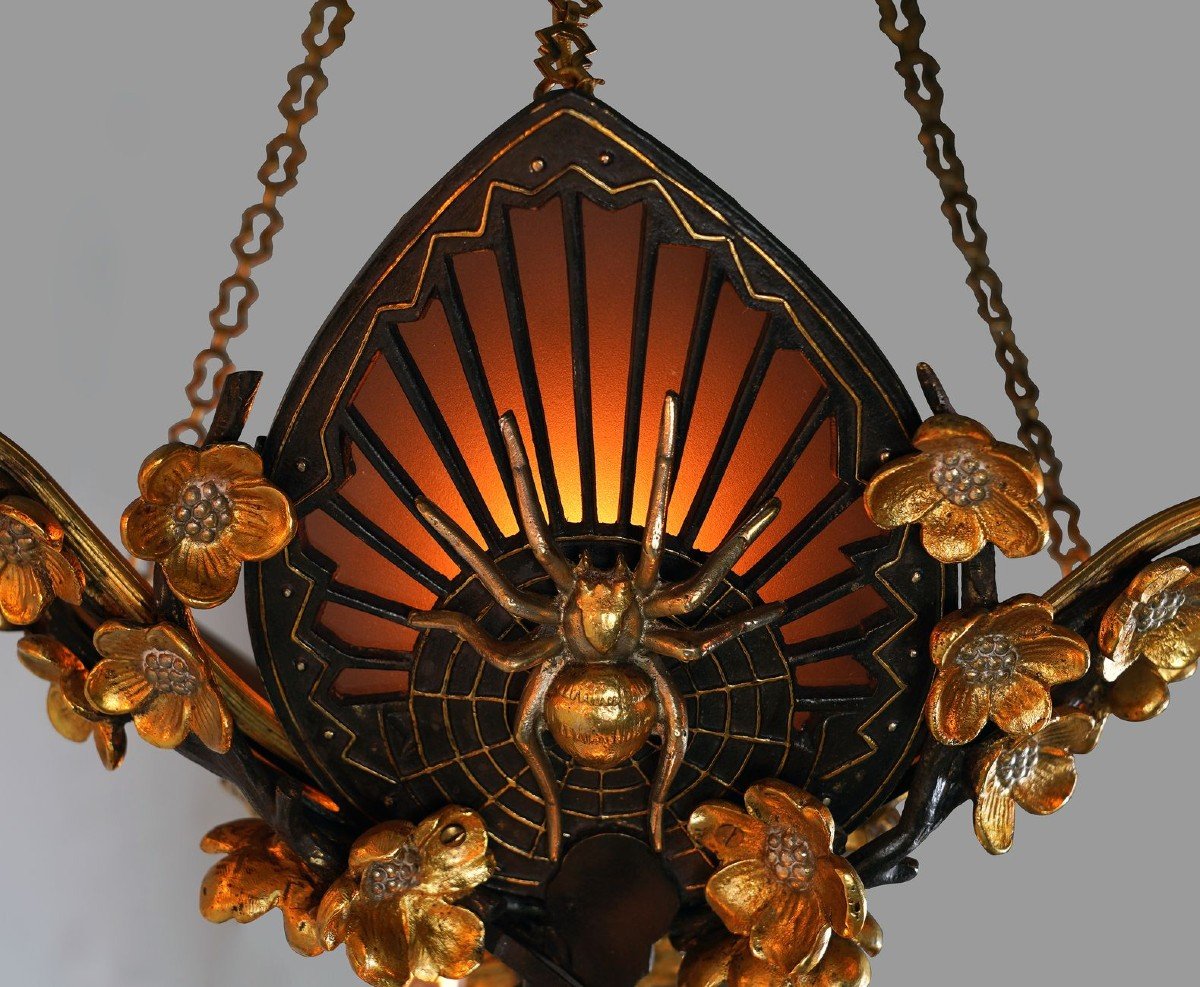 Pair Of "japonisme" Chandeliers By E. Soleau, France, Circa 1900-photo-3