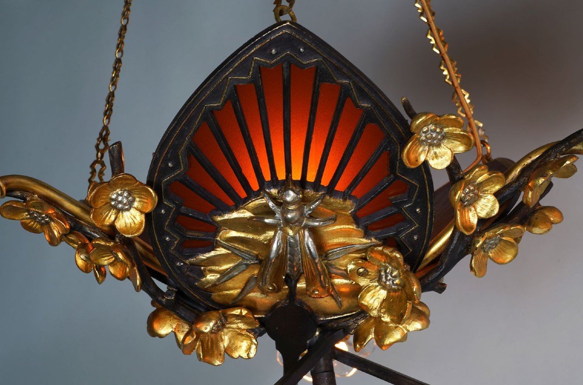 Pair Of "japonisme" Chandeliers By E. Soleau, France, Circa 1900-photo-4