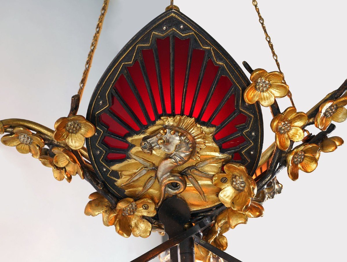 Pair Of "japonisme" Chandeliers By E. Soleau, France, Circa 1900-photo-5