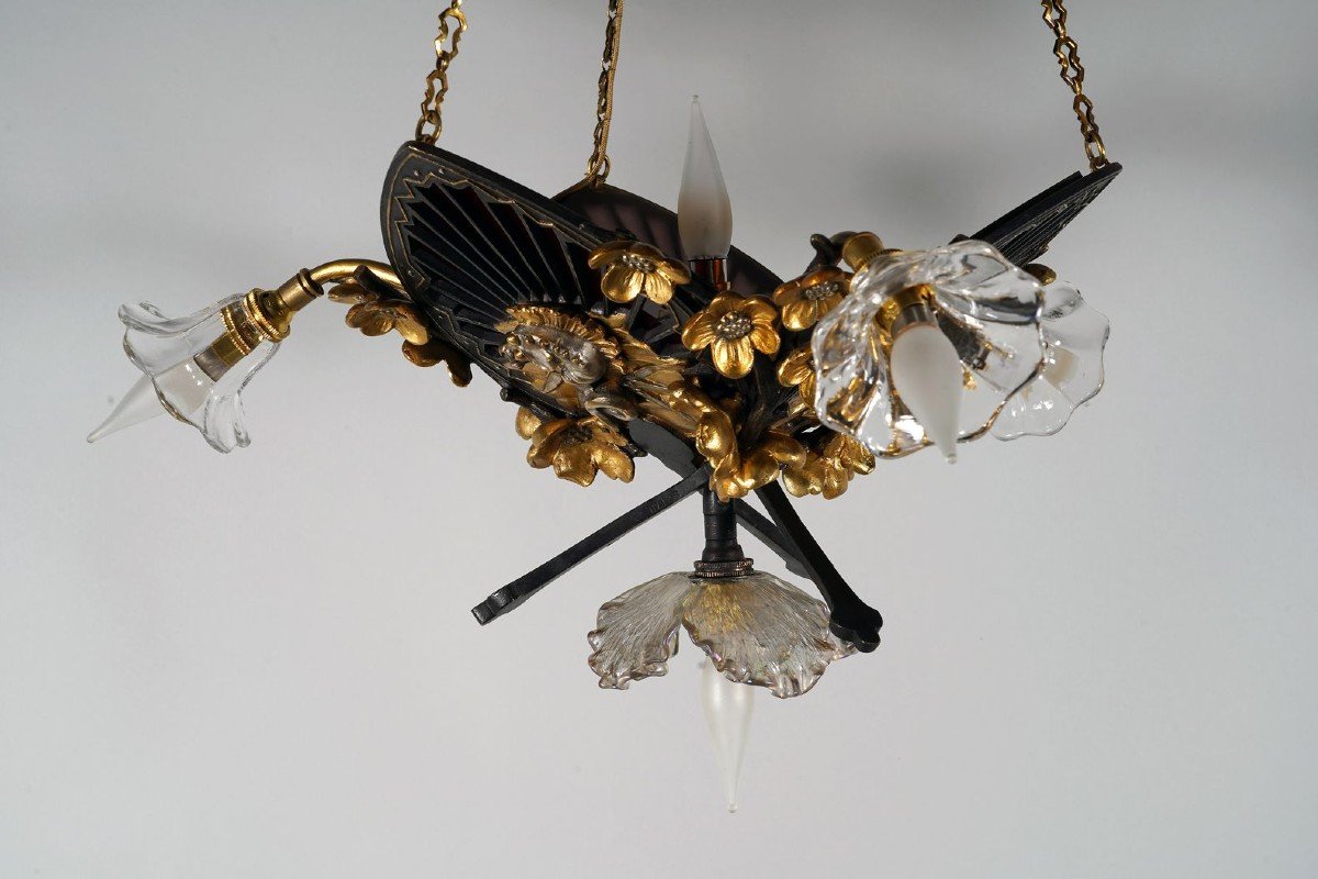 Pair Of "japonisme" Chandeliers By E. Soleau, France, Circa 1900-photo-6