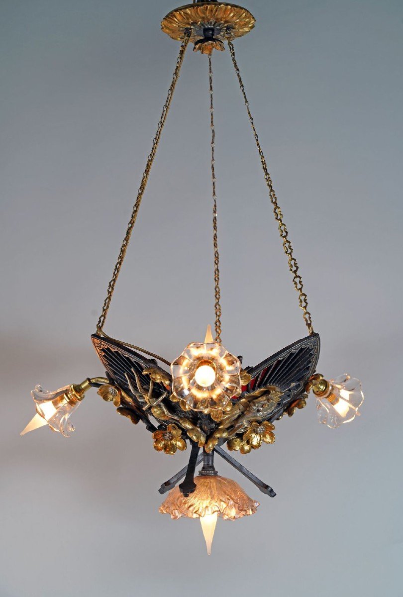 Pair Of "japonisme" Chandeliers By E. Soleau, France, Circa 1900-photo-7