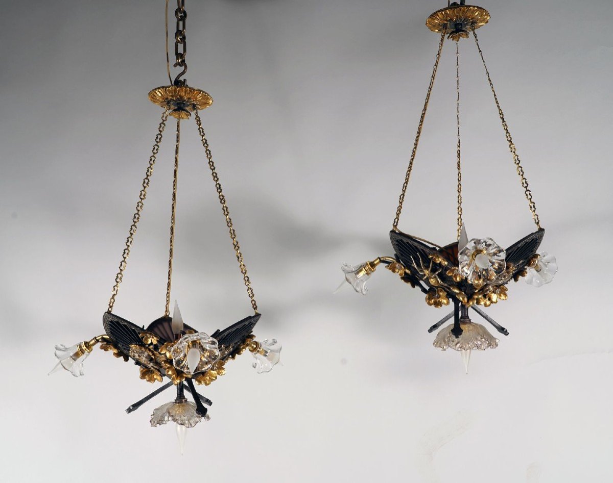 Pair Of "japonisme" Chandeliers By E. Soleau, France, Circa 1900-photo-8