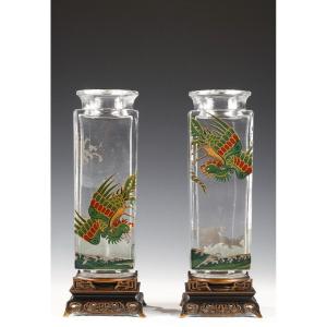 Pair Of Crystal Vases With Birds Of Paradise Attr. To Baccarat, France, Circa 1880