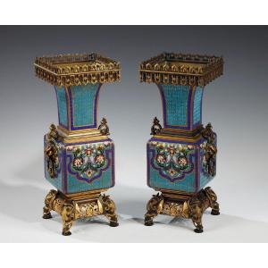 Pair Of Cloisonne Enamel Vases Attributed To A. Giroux, France, Circa 1860