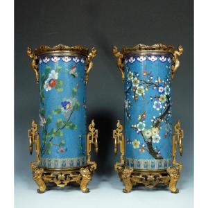 Pair Of "cloisonné" Enamel Bronze Vases, Attr. To l'Escalier De Cristal, France, Circa 1870