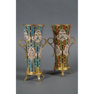 Pair Of Trumpet Shaped  Byzantine Vases, L.c. Sevin & F. Barbedienne, France, Circa 1880