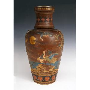 Vase With Cranes By Villeroy & Boch, Mettlach (germany), Circa 1900