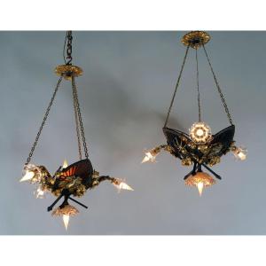 Pair Of "japonisme" Chandeliers By E. Soleau, France, Circa 1900