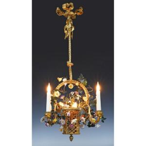 Chandelier With Flower Bouquet And Its Wall Lights Attr. To H. Vian, France, Circa 1890