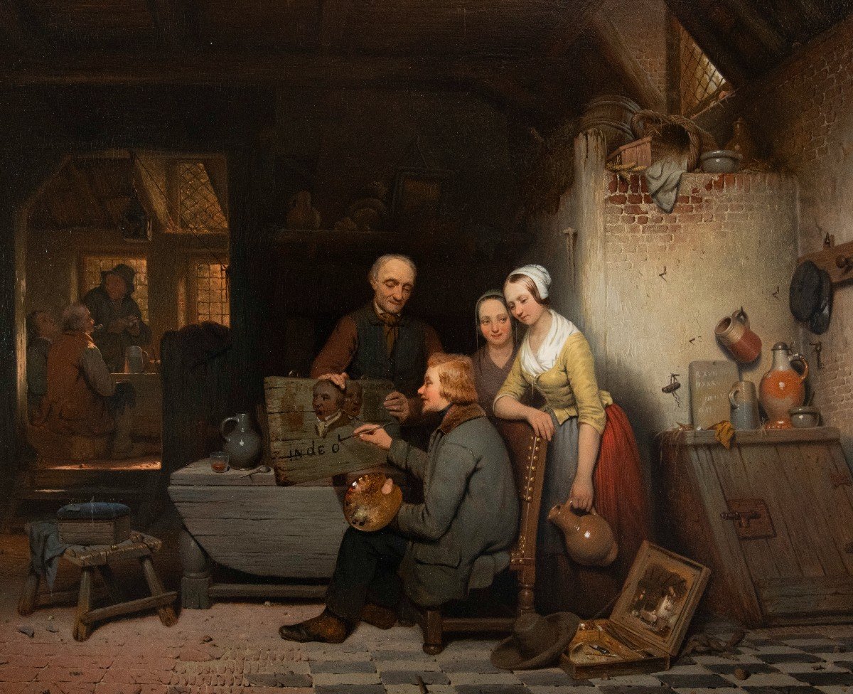 Célestin MARSCHOUW (Malines 1848 - XXème Siècle) - Le peintre au travail dans une auberge