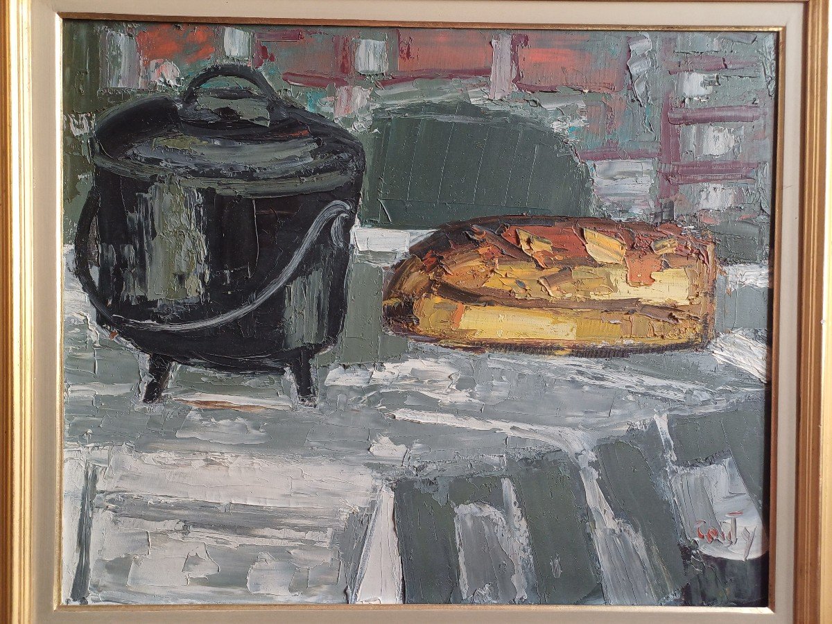 Jean Couty, Nature Morte Avec Chauderon Noir Et Pain-photo-3