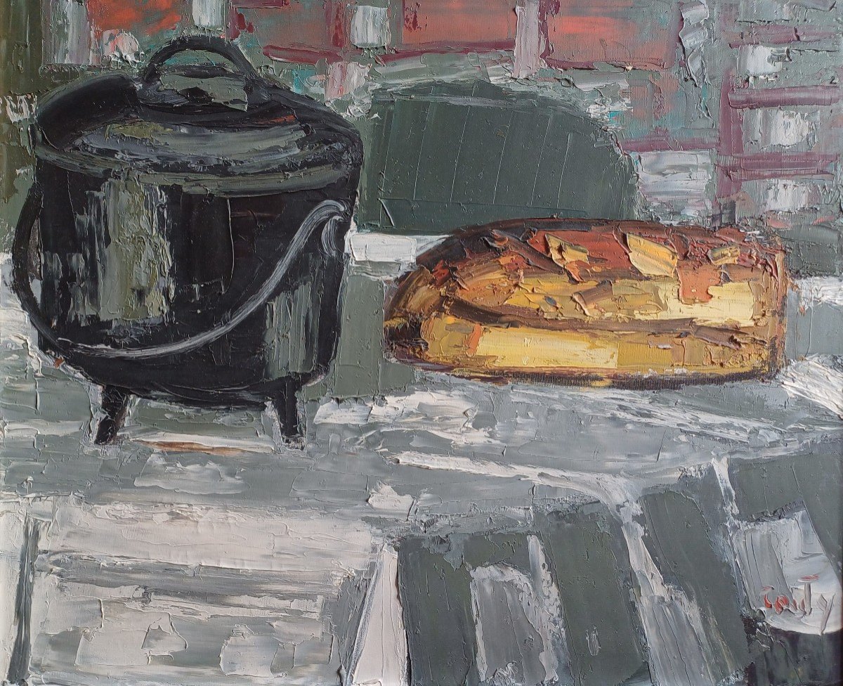 Jean Couty, Nature Morte Avec Chauderon Noir Et Pain